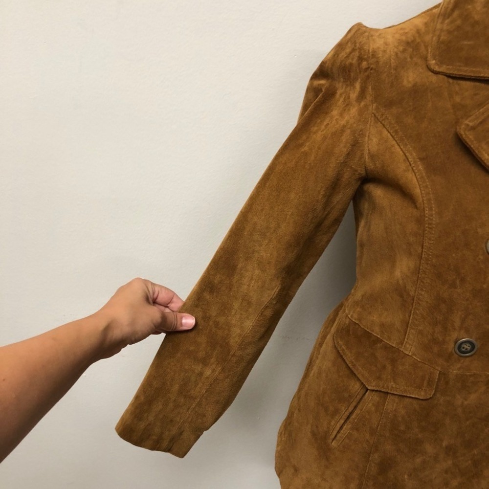 Zara Basic Suede Jacket Womens S Small Brown Double Breasted Pea Coat Blazer - Picture 4 of 8